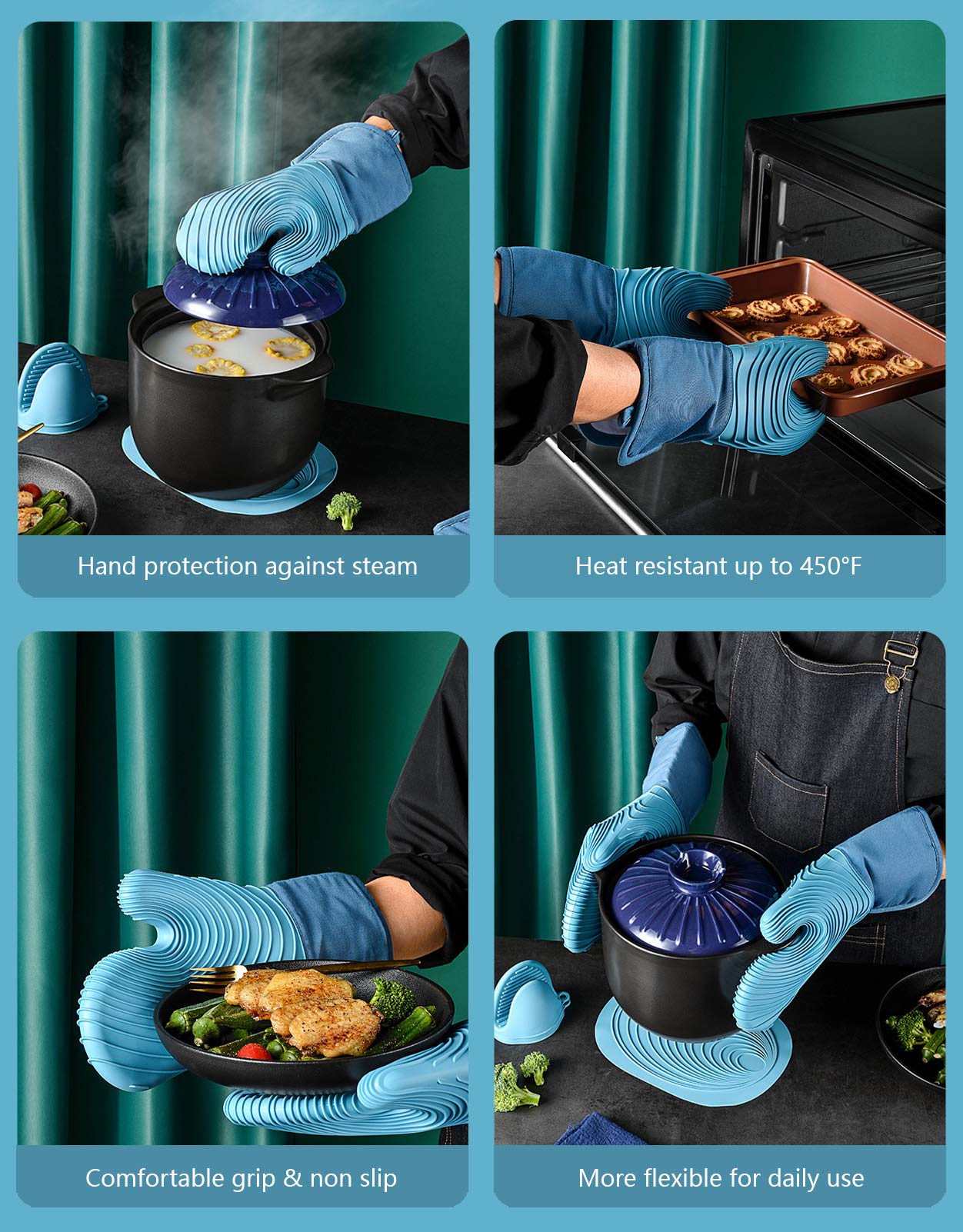 EUNA Silicone Oven Mitts, Heat Resistant Oven Mitts and Pot Holders Sets, Non-Slip Kitchen Mittens with Mini Oven Gloves and Hot Pads, Perfect for Baking Cooking, Quilted Liner, Gift Box, Blue & Azure