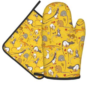 Oven Mitts Pot Holders Set of 2 Heat Resistant Kitchen Cute Cartoon Rats Yellow Mouse Teeth Pattern Oven Mitts Waterproof Women Men Home Cooking Baking Microwave BBQ Gift