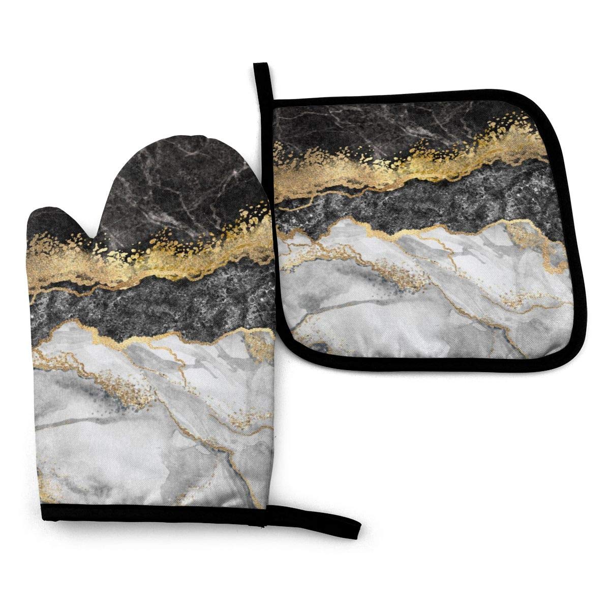 CSDGHRHX Black White Gold Foil Marble Oven Mitts and Pot Holders Kitchen Set Heat Resistant BBQ Baking Cooking Gloves