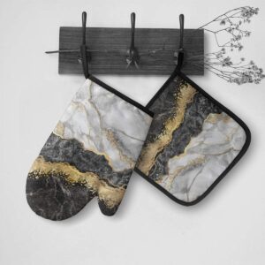 CSDGHRHX Black White Gold Foil Marble Oven Mitts and Pot Holders Kitchen Set Heat Resistant BBQ Baking Cooking Gloves