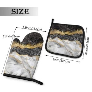 CSDGHRHX Black White Gold Foil Marble Oven Mitts and Pot Holders Kitchen Set Heat Resistant BBQ Baking Cooking Gloves