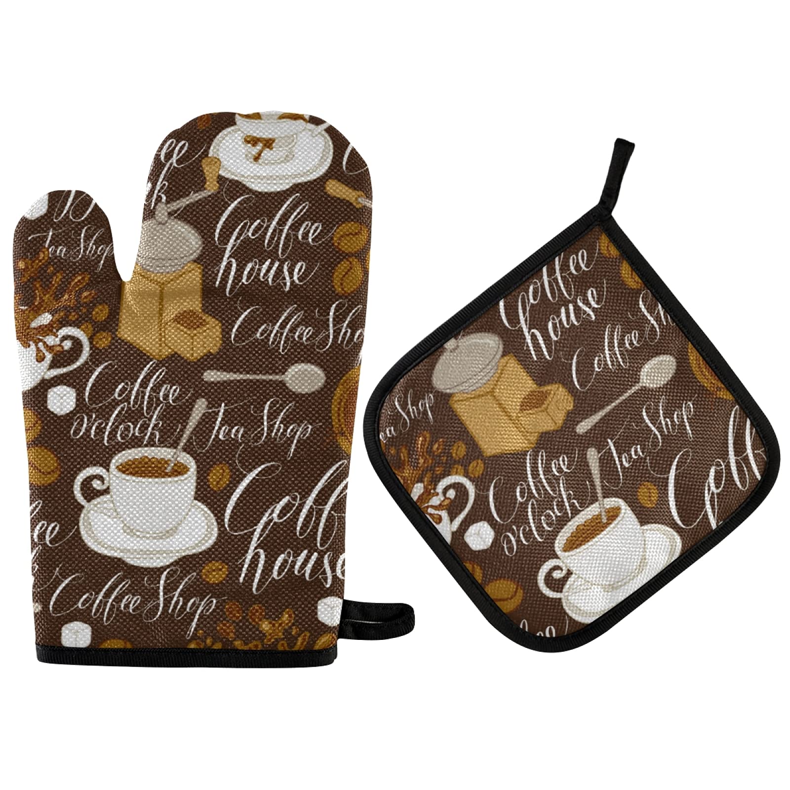 Tea Coffee Theme Pattern Oven Mitts and Pot Holders Sets Retro Style Hot Pads Heat Resistant Cooking Gloves Handling Kitchen Cookware Bakeware BBQ