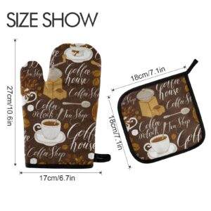 Tea Coffee Theme Pattern Oven Mitts and Pot Holders Sets Retro Style Hot Pads Heat Resistant Cooking Gloves Handling Kitchen Cookware Bakeware BBQ