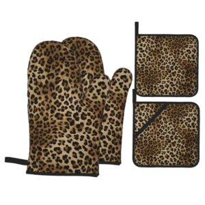 leopard print oven mitts and 2 pot holders set, soft cotton lining with non-slip surface, kitchen microwave gloves for baking cooking grilling bbq