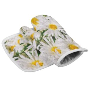 set of oven mitt and pot holder, spring daisy flower kitchen mittens heat resistance non-slip surface for kitchen bbq cooking baking grilling, white yellow
