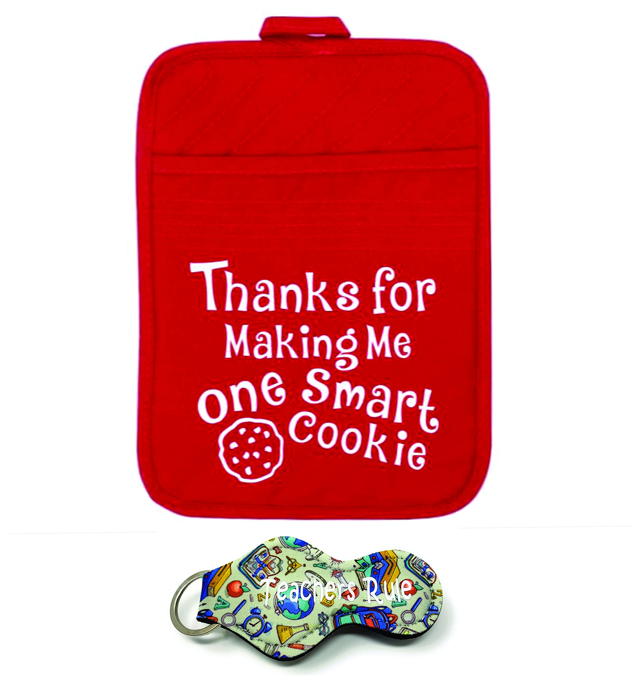 Teacher Appreciation Gift for Women - Thank You Present Potholder - One Smart Cookie Oven Mitt - Set of 2 (One Smart Cookie w/Keychain)