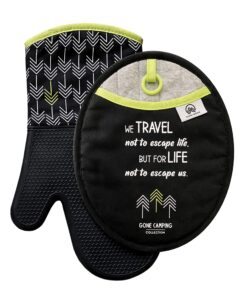 trailersphere silicone oven mitt and pot holder set, gone camping collection, non-slip grip, heat resistant with hanging loops, perfect for rv kitchens and camping, modern and inspirational design