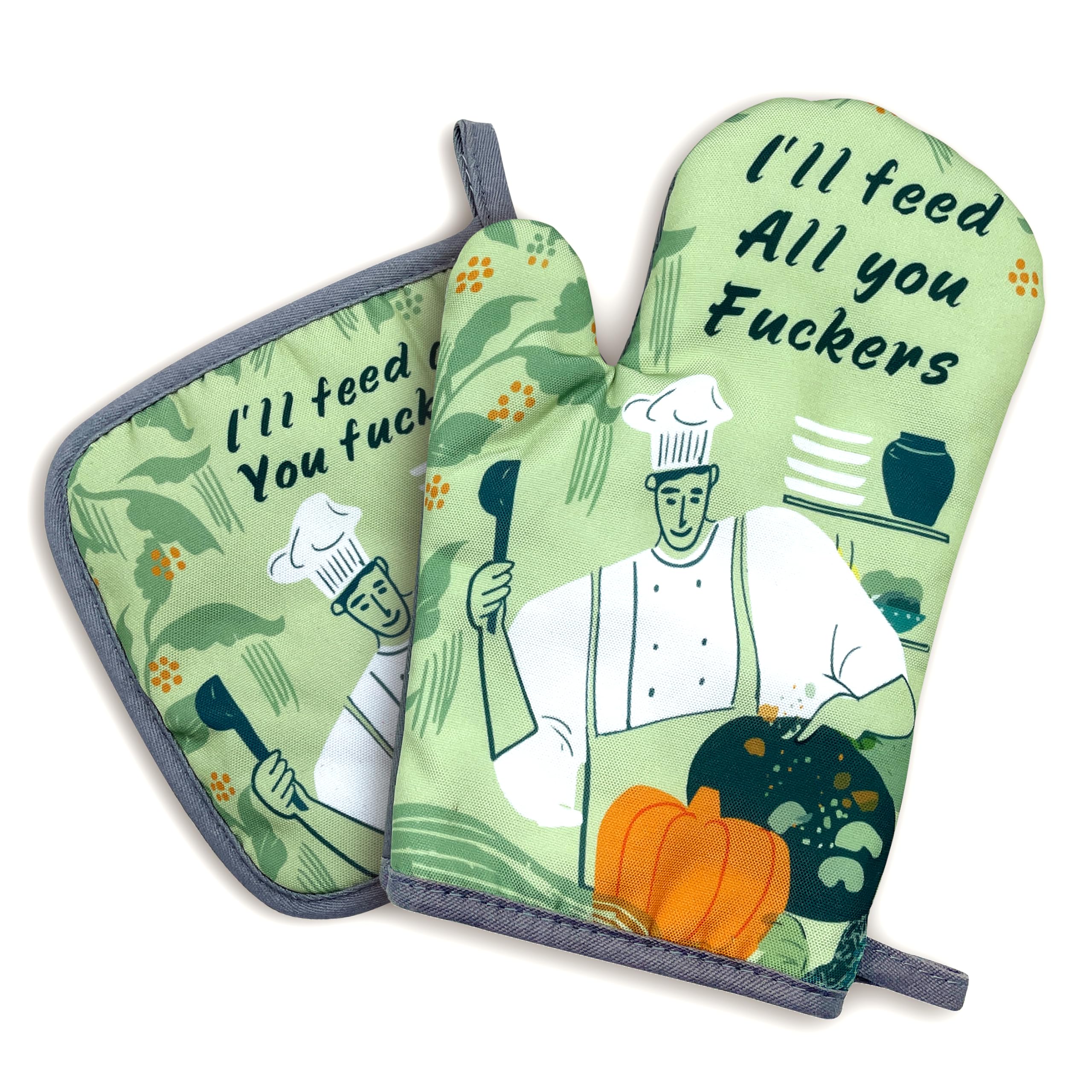 I'll Feed All You Fxxkers，Oven Mitts and Pot Holders Sets of 2，Funny Oven Mitt，Cute Housewarming Gift，Thanksgiving Oven Mitts，Christmas Kitchen Gifts，Kitchen Gifts for Men