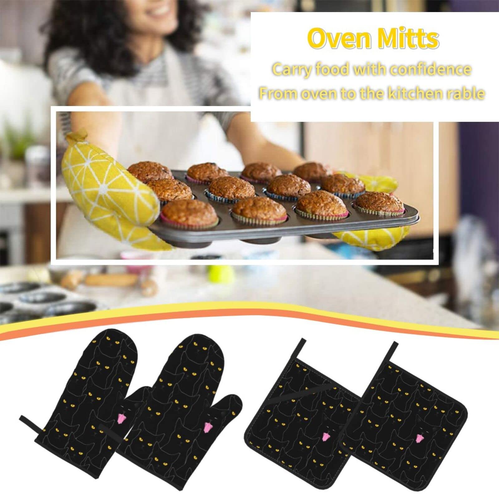 Black Cat Oven Mitts and Pot Holders Sets, Non-Slip Heat Resistant Gloves Potholders Pot Pads for Kitchen Cooking Baking Grilling BBQ(4-Piece Set)