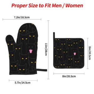 Black Cat Oven Mitts and Pot Holders Sets, Non-Slip Heat Resistant Gloves Potholders Pot Pads for Kitchen Cooking Baking Grilling BBQ(4-Piece Set)