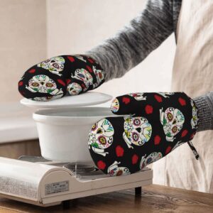 Oven Mitts Heat Resistant Silicone and Polyester Pug Sugar Skull Print Kitchen Mitts Thick Oven Gloves for Cooking, BBQ, Baking, Grill, Pizza Pair