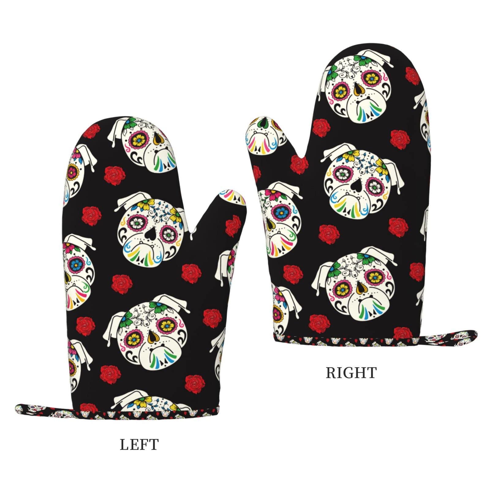 Oven Mitts Heat Resistant Silicone and Polyester Pug Sugar Skull Print Kitchen Mitts Thick Oven Gloves for Cooking, BBQ, Baking, Grill, Pizza Pair