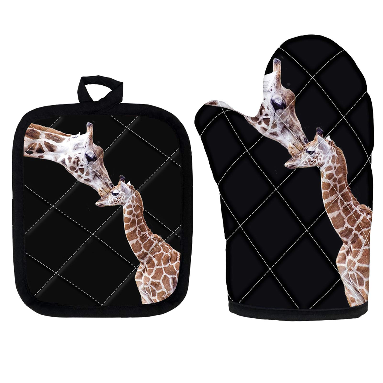 Belidome Adorable Giraffe Oven Mitt and Pot Holder Non Slip Durable Non Slip Washable for Women, 2 in 1