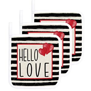 3Pack Pot Holders Cotton Heat Resistant Oven Hot Pads, Valentine's Day Potholder Cloth Potholders for Daily Kitchen Baking and Cooking with Hanging Loops - Hello Love with Black Stripes