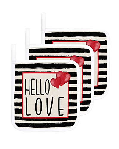 3Pack Pot Holders Cotton Heat Resistant Oven Hot Pads, Valentine's Day Potholder Cloth Potholders for Daily Kitchen Baking and Cooking with Hanging Loops - Hello Love with Black Stripes