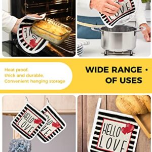 3Pack Pot Holders Cotton Heat Resistant Oven Hot Pads, Valentine's Day Potholder Cloth Potholders for Daily Kitchen Baking and Cooking with Hanging Loops - Hello Love with Black Stripes