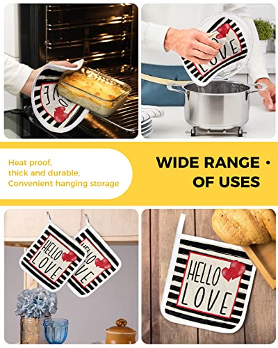 3Pack Pot Holders Cotton Heat Resistant Oven Hot Pads, Valentine's Day Potholder Cloth Potholders for Daily Kitchen Baking and Cooking with Hanging Loops - Hello Love with Black Stripes