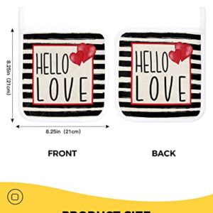 3Pack Pot Holders Cotton Heat Resistant Oven Hot Pads, Valentine's Day Potholder Cloth Potholders for Daily Kitchen Baking and Cooking with Hanging Loops - Hello Love with Black Stripes