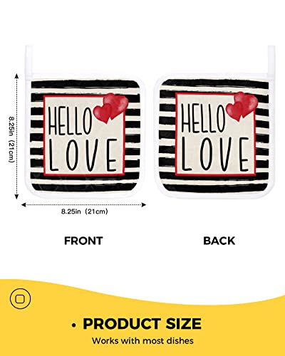 3Pack Pot Holders Cotton Heat Resistant Oven Hot Pads, Valentine's Day Potholder Cloth Potholders for Daily Kitchen Baking and Cooking with Hanging Loops - Hello Love with Black Stripes