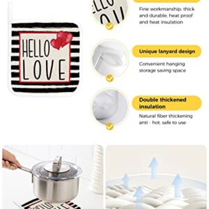 3Pack Pot Holders Cotton Heat Resistant Oven Hot Pads, Valentine's Day Potholder Cloth Potholders for Daily Kitchen Baking and Cooking with Hanging Loops - Hello Love with Black Stripes