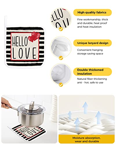 3Pack Pot Holders Cotton Heat Resistant Oven Hot Pads, Valentine's Day Potholder Cloth Potholders for Daily Kitchen Baking and Cooking with Hanging Loops - Hello Love with Black Stripes