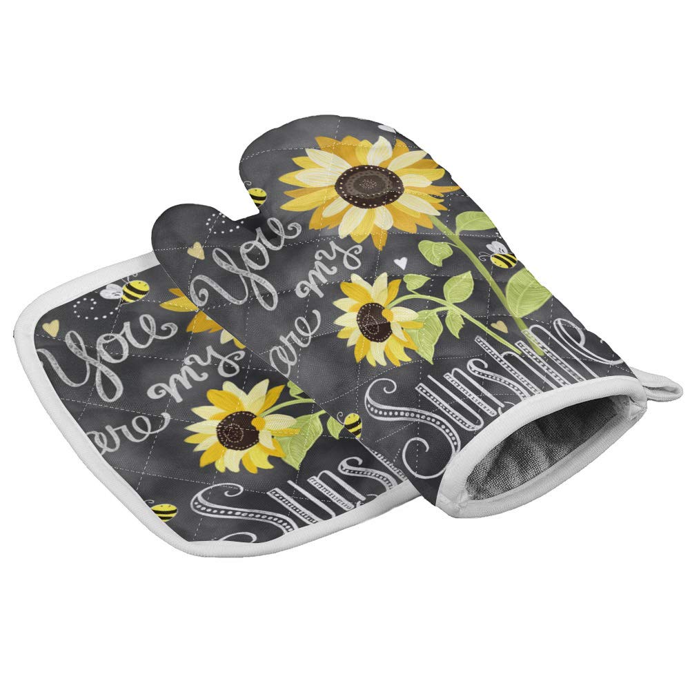 Set of Oven Mitt and Pot Holder, Sunflowers Bees Chalkboard Art Oven Gloves Heat Resistance Non-Slip Surface for Kitchen BBQ Cooking Baking Grilling, You are My Sunshine Quotes