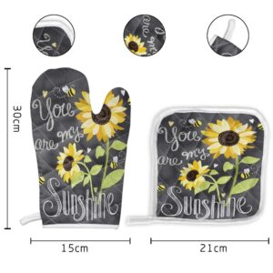 Set of Oven Mitt and Pot Holder, Sunflowers Bees Chalkboard Art Oven Gloves Heat Resistance Non-Slip Surface for Kitchen BBQ Cooking Baking Grilling, You are My Sunshine Quotes