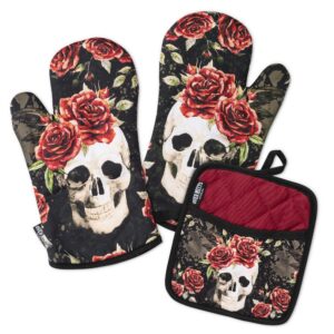 oven mitts co. vintage flower skull, oven mitts and pot holder 3pcs set, insulated, 100% cotton