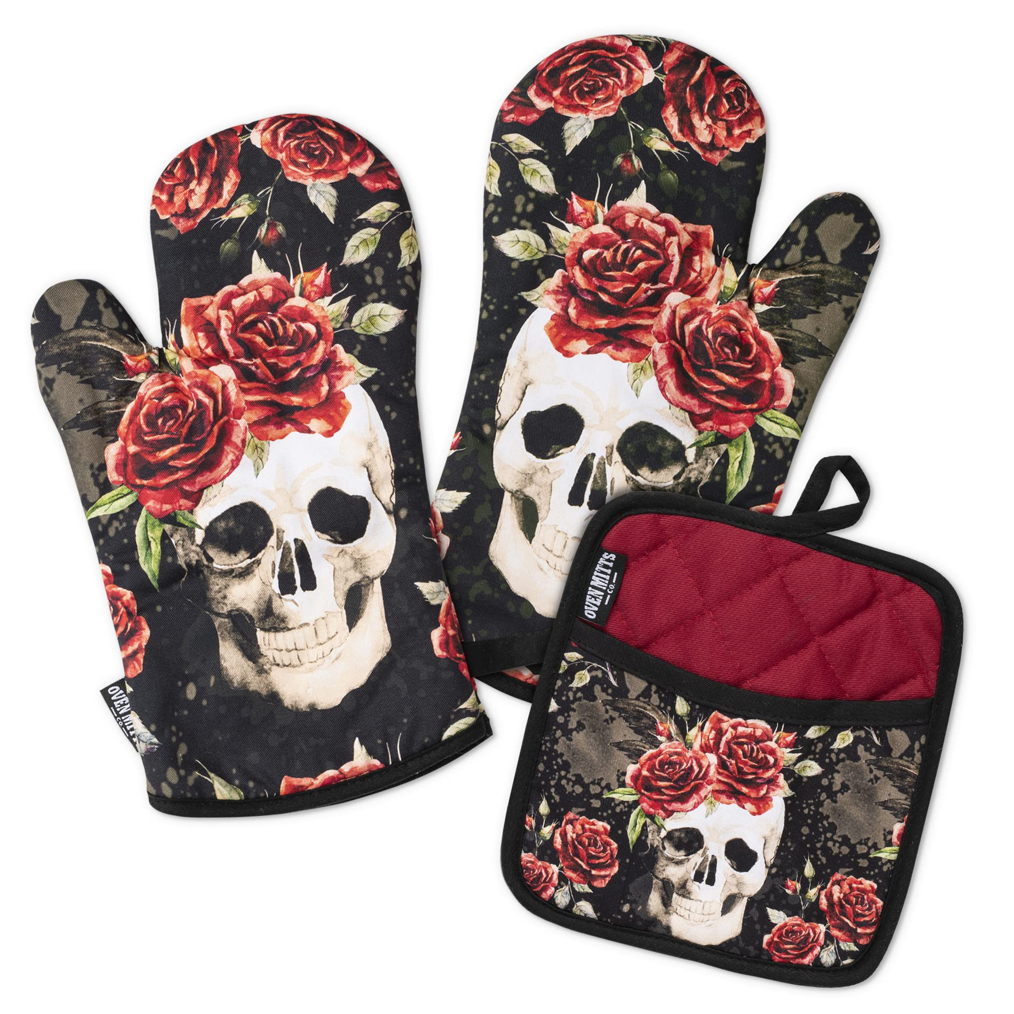 Oven Mitts Co. Vintage Flower Skull, Oven Mitts and Pot Holder 3pcs Set, Insulated, 100% Cotton