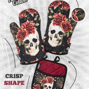 Oven Mitts Co. Vintage Flower Skull, Oven Mitts and Pot Holder 3pcs Set, Insulated, 100% Cotton