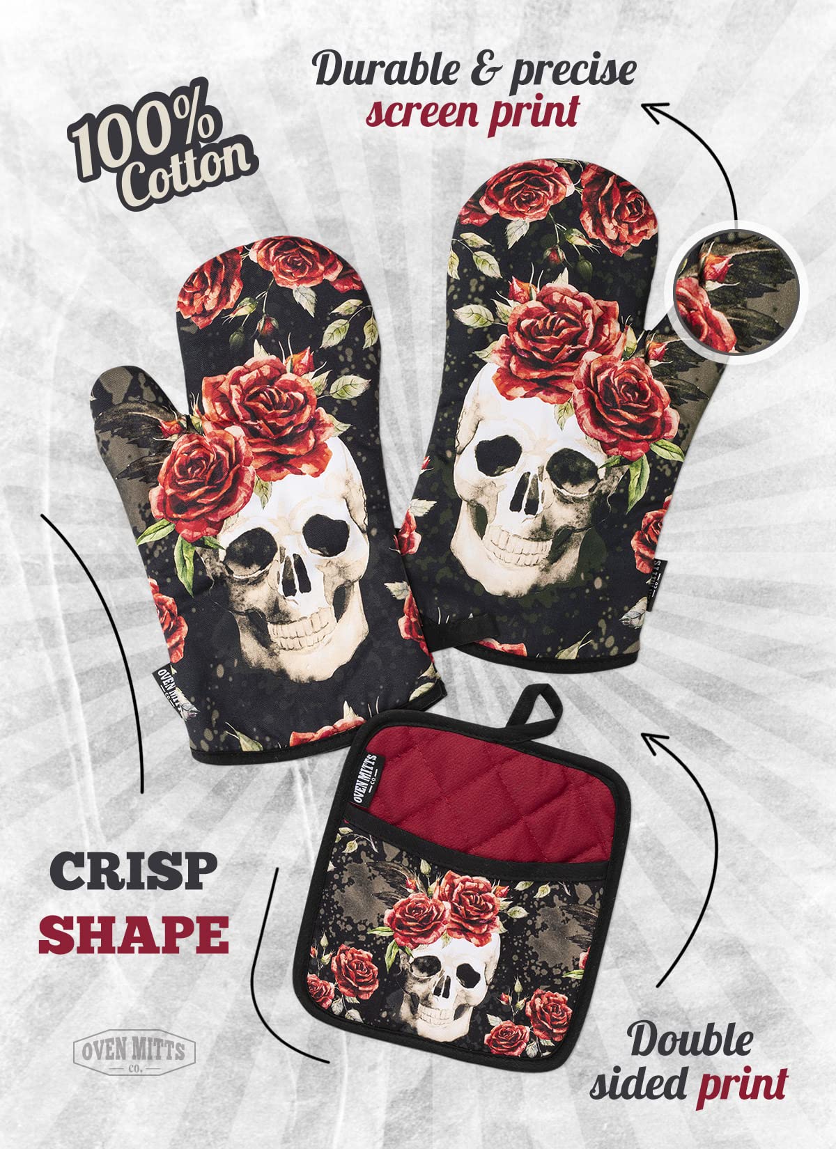 Oven Mitts Co. Vintage Flower Skull, Oven Mitts and Pot Holder 3pcs Set, Insulated, 100% Cotton