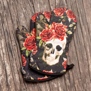 Oven Mitts Co. Vintage Flower Skull, Oven Mitts and Pot Holder 3pcs Set, Insulated, 100% Cotton