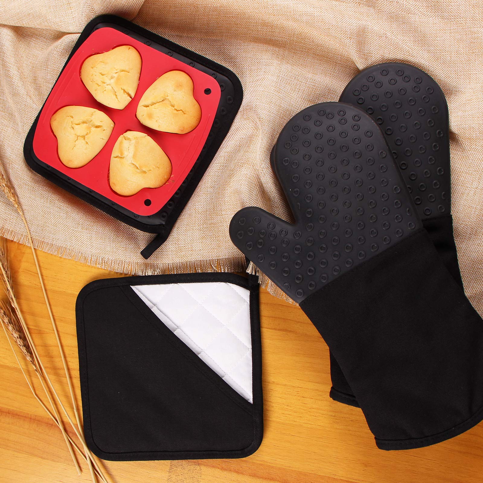 Webake Oven Mitts and Pot Holders Set of 4, 2 pcs Long Silicone Baking Oven Gloves and 2 pcs Silicone Hot Pads with Pocket for Oven Baking