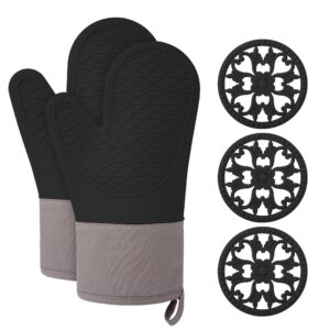 silicone oven mitts heat resistant, oven mitts and pot holders sets, kitchen mittens 5 piece set, oven gloves for cooking,baking,bbq, black oven mitts, easy clean