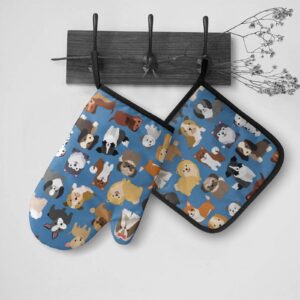 Perinsto Cute Dogs Oven Mitts & Pot Holders Kitchen Set Heat Resistant Decorative Cooking Gloves Microwave Oven Gloves for Baking Grilling BBQ