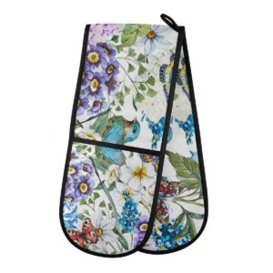 zzxxb spring bird butterfly floral double oven mitt heat resistant non-slip kitchen gloves extra long 7" x 35" for cooking baking barbecue grilling