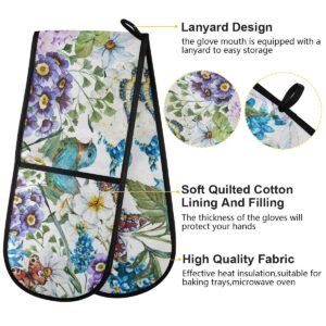 ZZXXB Spring Bird Butterfly Floral Double Oven Mitt Heat Resistant Non-Slip Kitchen Gloves Extra Long 7" x 35" for Cooking Baking Barbecue Grilling