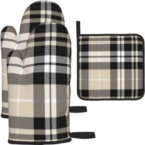 jkkl fall plaid tan black white pattern，3pcs oven mitts and pot holders for kitchen,cooking,baking,grilling,bbq