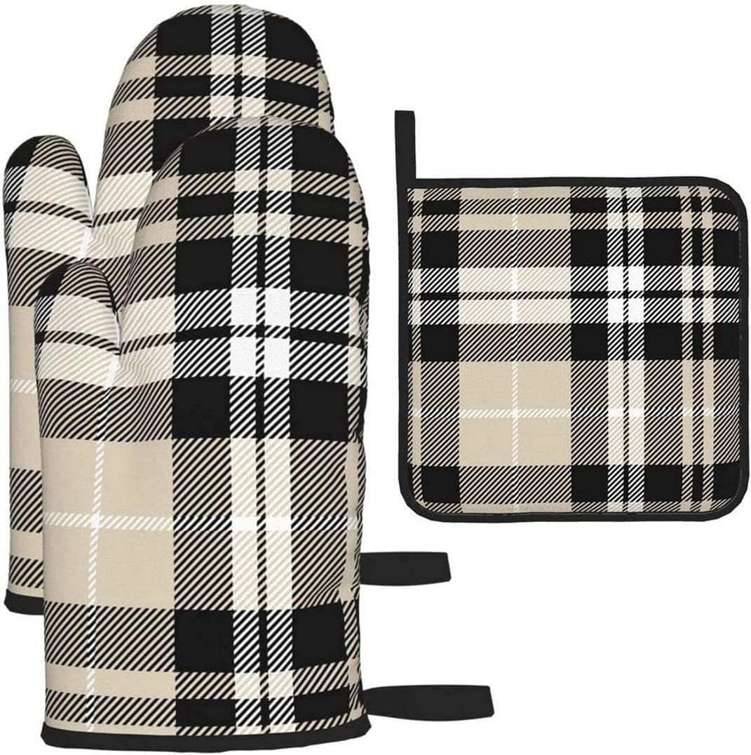 JKKL Fall Plaid Tan Black White Pattern，3pcs Oven Mitts and Pot Holders for Kitchen,Cooking,Baking,Grilling,BBQ