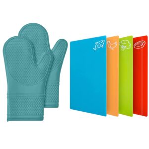 gorilla grip silicone oven mitts and flexible cutting boards 4 pack, oven mitts are 12.5 inch in turquoise color, flexible cutting boards are multicolor, 2 item bundle