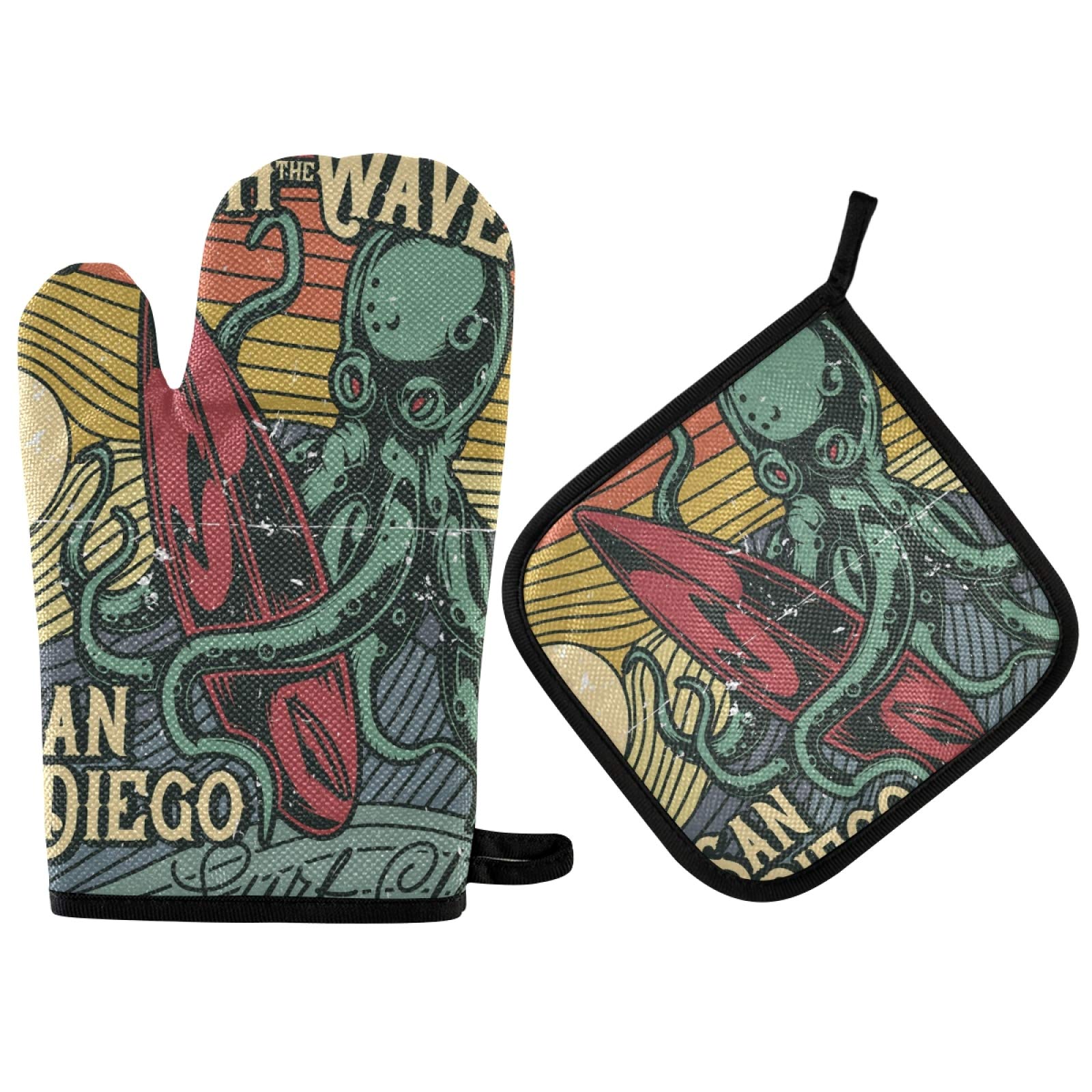 Retro Octopus Kraken Catch Surfboard San Diego Oven Mitts Pot Holders Sets, Heat Resistant Kitchen Oven Gloves, Potholder Hot Pads for Cooking Baking Microwave Grill