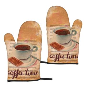 microwave oven gloves,coffee theme coffee time oven mitts heat resistant durable kitchen gloves perfect for bbq, cooking, grilling, baking set of 2,11inch