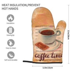 Microwave Oven Gloves,Coffee Theme Coffee Time Oven Mitts Heat Resistant Durable Kitchen Gloves Perfect for BBQ, Cooking, Grilling, Baking Set of 2,11inch