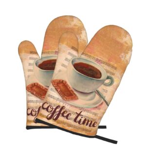 Microwave Oven Gloves,Coffee Theme Coffee Time Oven Mitts Heat Resistant Durable Kitchen Gloves Perfect for BBQ, Cooking, Grilling, Baking Set of 2,11inch