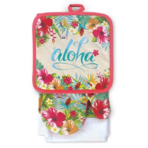 island heritage hawaiian kitchen set - oven mitt, potholder, dish towel (aloha floral)