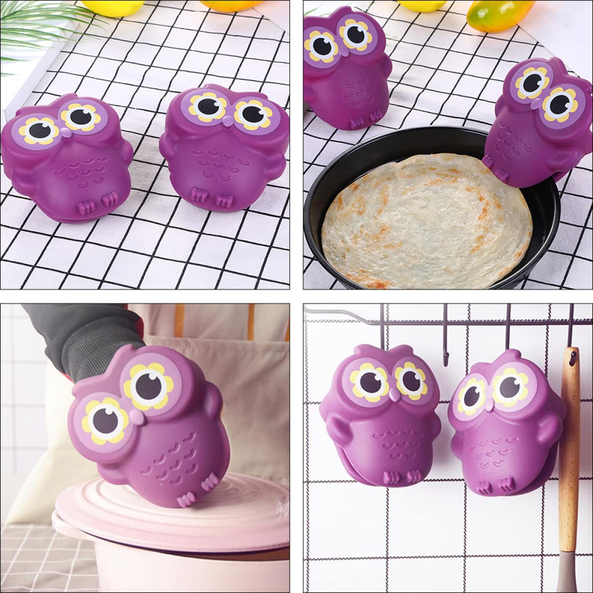 SOLUSTRE 3 Pcs Owl Gloves Microwave Oven Mitt Insulation Pads Mit BBQ Baking Gloves Cute Food Mitten Anti- Skid Silicone Pot Holders Oven Mitts Mini Pinch Purple