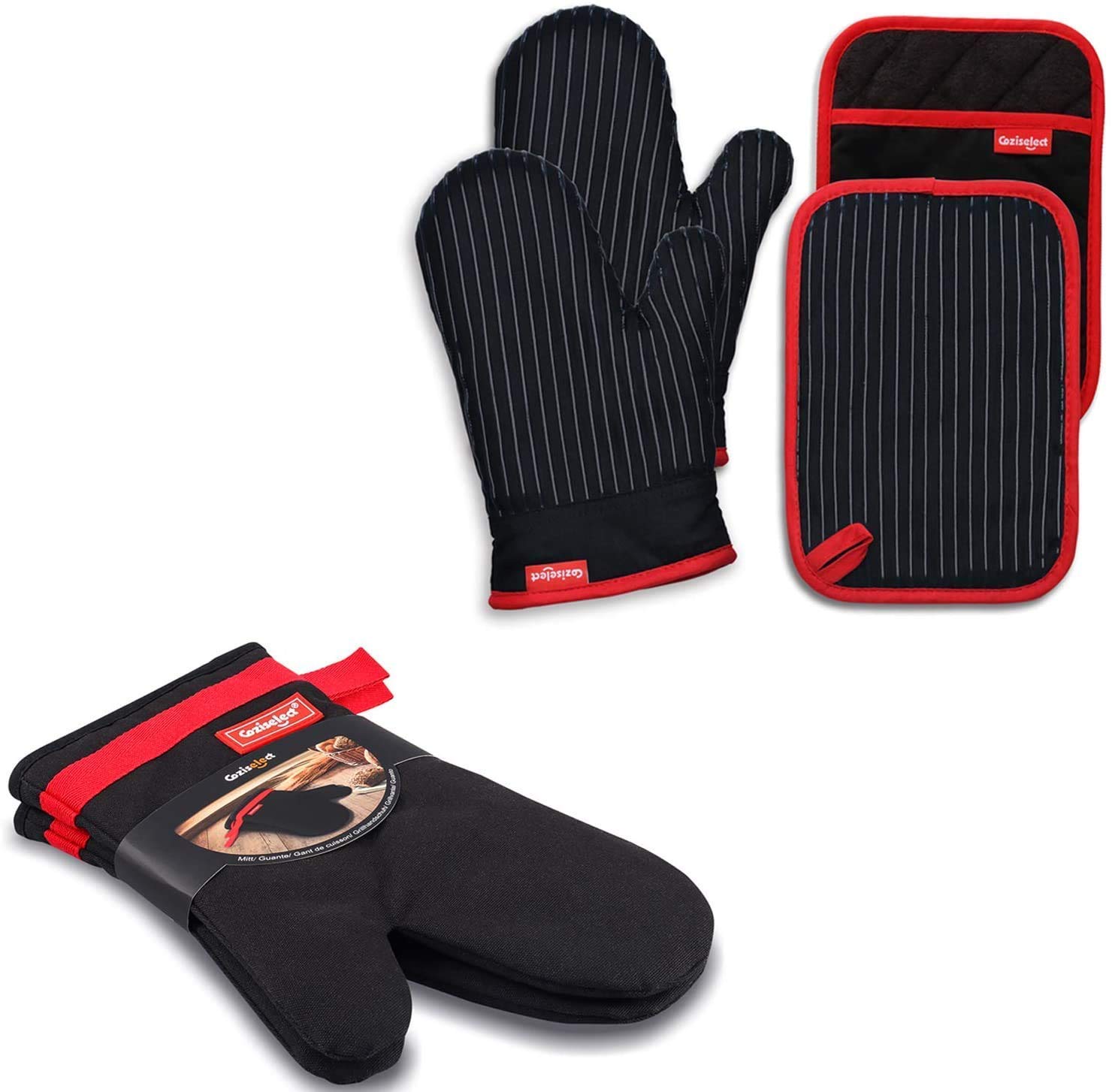 Coziselect Oven Mitts and Pot Holders Set, with Heat Resistance of Silicone, Flexibility of Pure Cotton and Terrycloth Lining, 500 F Heat Resistant, Black