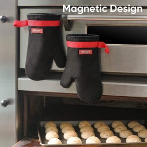 Coziselect Oven Mitts and Pot Holders Set, with Heat Resistance of Silicone, Flexibility of Pure Cotton and Terrycloth Lining, 500 F Heat Resistant, Black