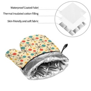 Retro Mid Century Fifties Modern Atomic Oven Mitts and Pot Holders Heat Resistant 4 Pcs Sets Waterproof Non-Slip for BBQ Cooking Baking Grilling