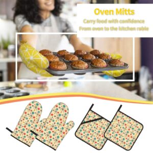 Retro Mid Century Fifties Modern Atomic Oven Mitts and Pot Holders Heat Resistant 4 Pcs Sets Waterproof Non-Slip for BBQ Cooking Baking Grilling